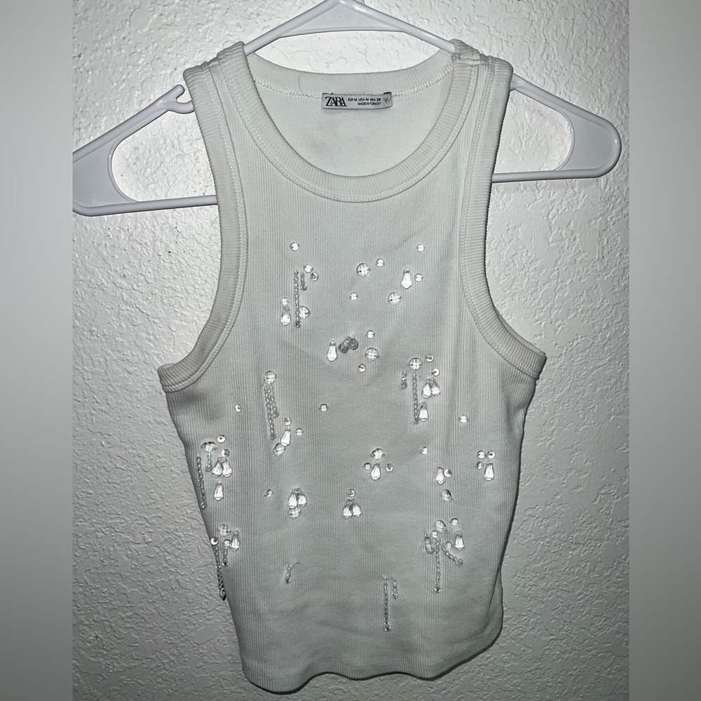 Zara White Tank Top with Sequin Accents